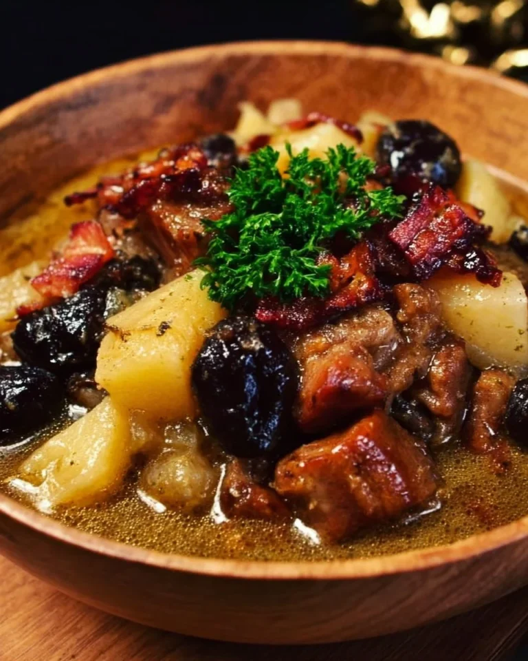 Delicious Pork Stew with Bacon, Apples, and Prunes served in a bowl.