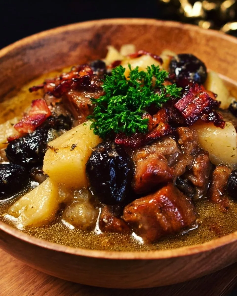Delicious Pork Stew with Bacon, Apples, and Prunes served in a bowl.