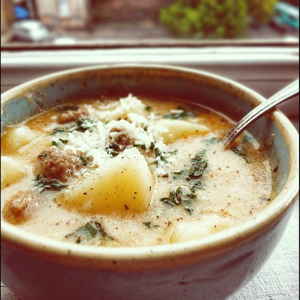 Delicious homemade potato soup served in a bowl with herbs on top