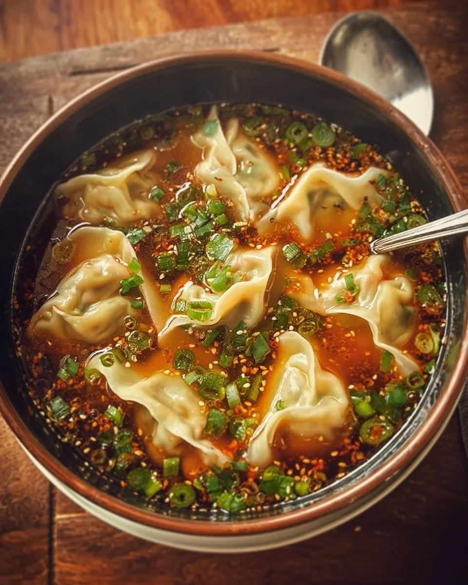 A bowl of delicious Potsticker Soup garnished with herbs and vegetables
