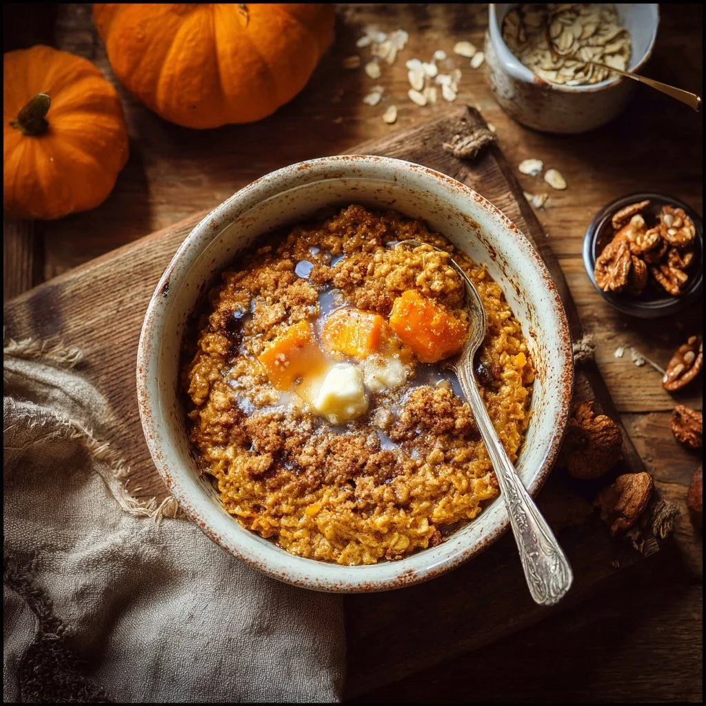 Delicious pumpkin baked oatmeal topped with nuts and spices
