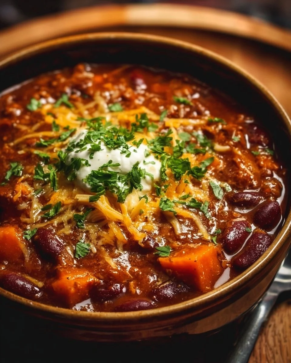 Bowl of Pumpkin Chili topped with herbs and spices.