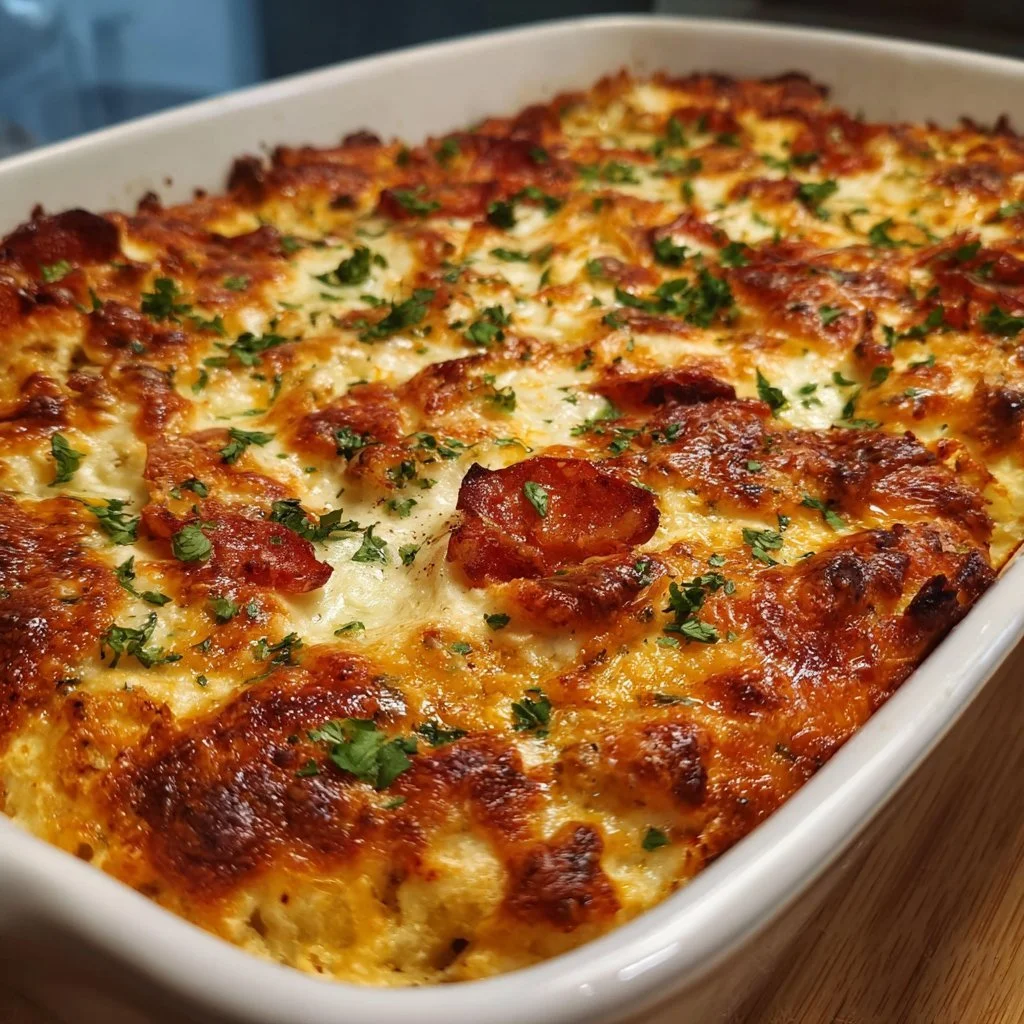 Delicious quick and easy casserole dish served warm with fresh herbs