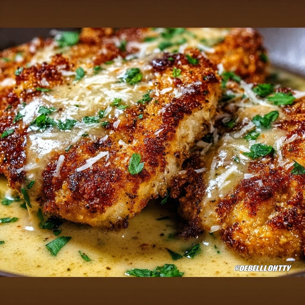 Crispy Parmesan Chicken with a Rich Garlic Sauce - Easy Dinner Idea