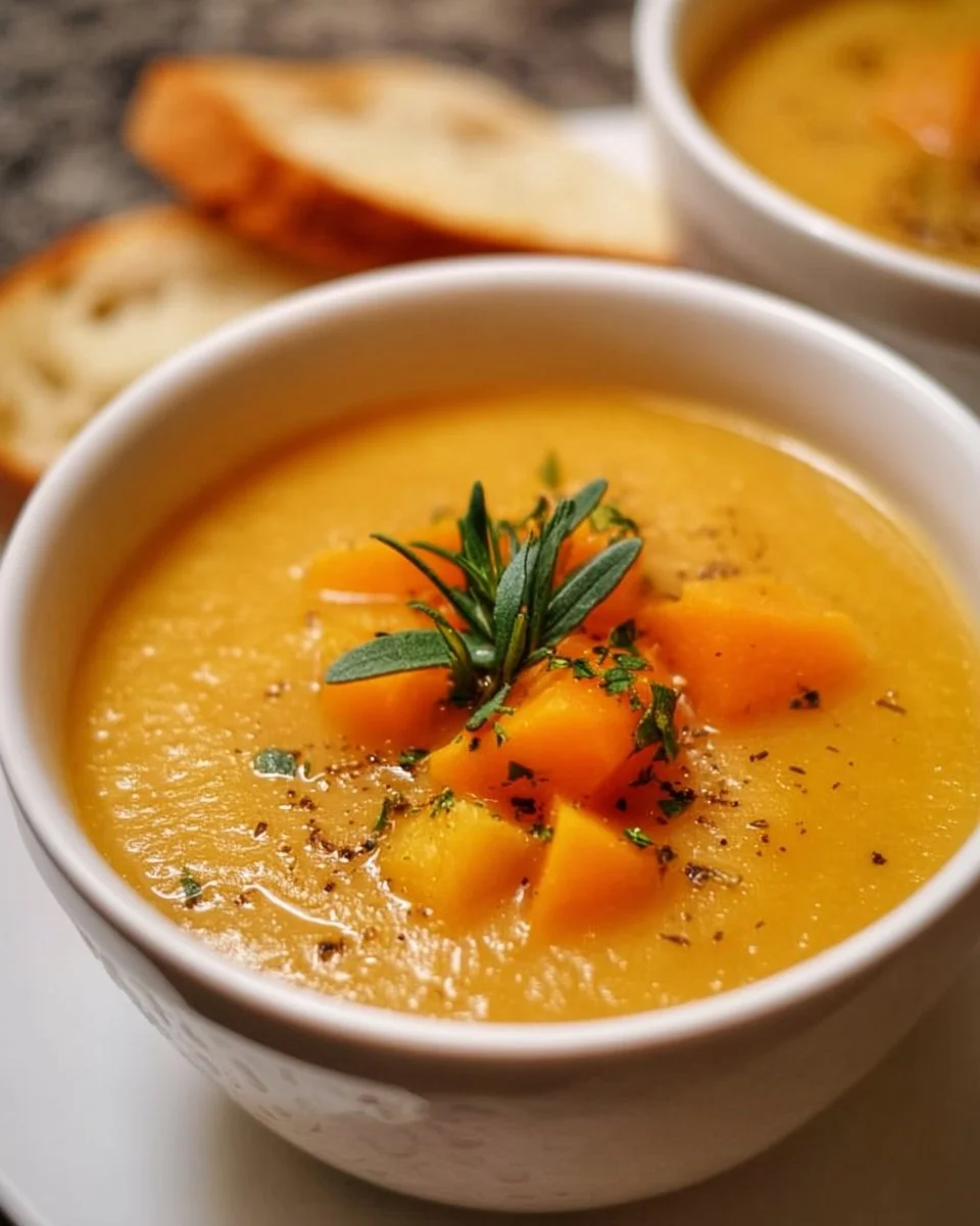Bowl of roasted vegetable soup garnished with herbs and fresh vegetables