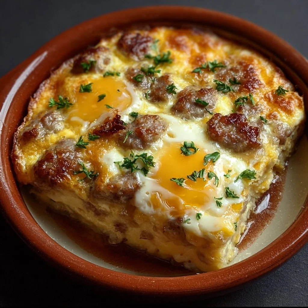 Delicious sausage and egg casserole dish served on a table.