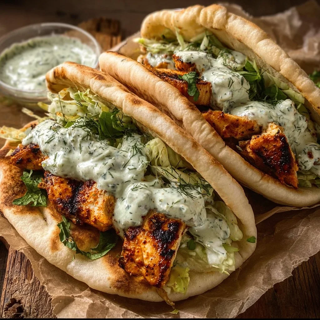 Delicious Sheet Pan Chicken Pitas topped with Herby Ranch dressing on a plate.