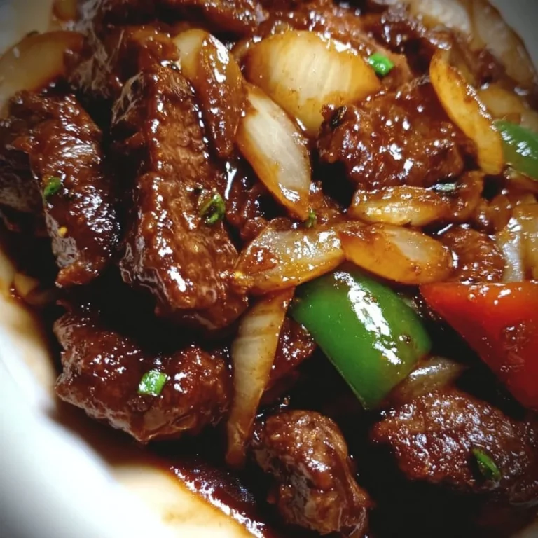 Sizzling Chinese pepper steak with onions served on a plate