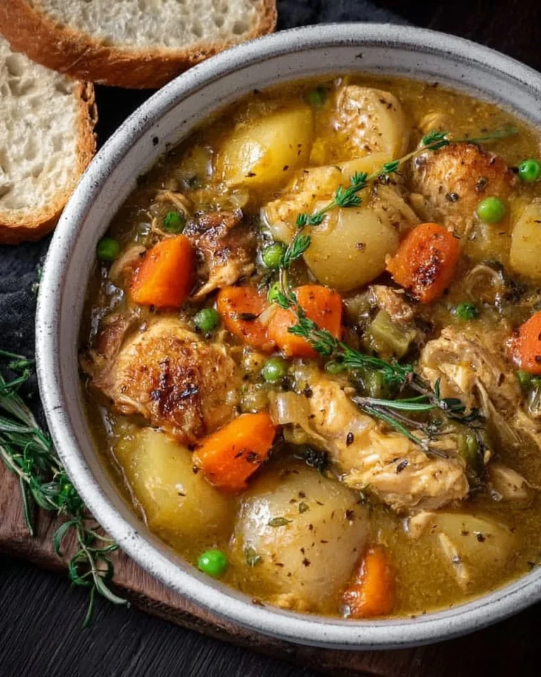 Bowl of slow cooker chicken stew with vegetables and herbs