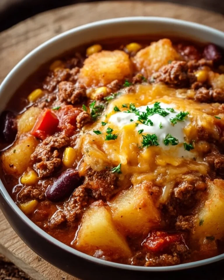 Delicious slow cooker cowboy casserole topped with cheese and vegetables