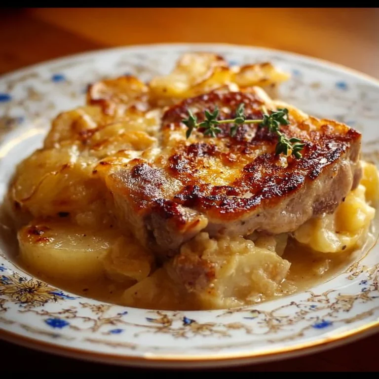 Smothered pork chop casserole with scalloped potatoes in a baking dish.