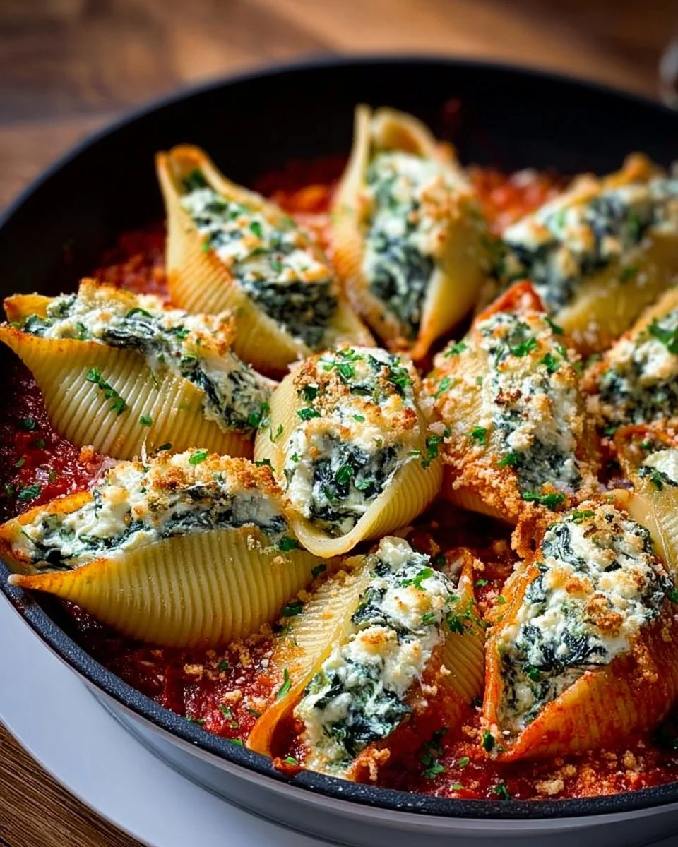 Delicious spinach and ricotta stuffed shells topped with marinara sauce and cheese