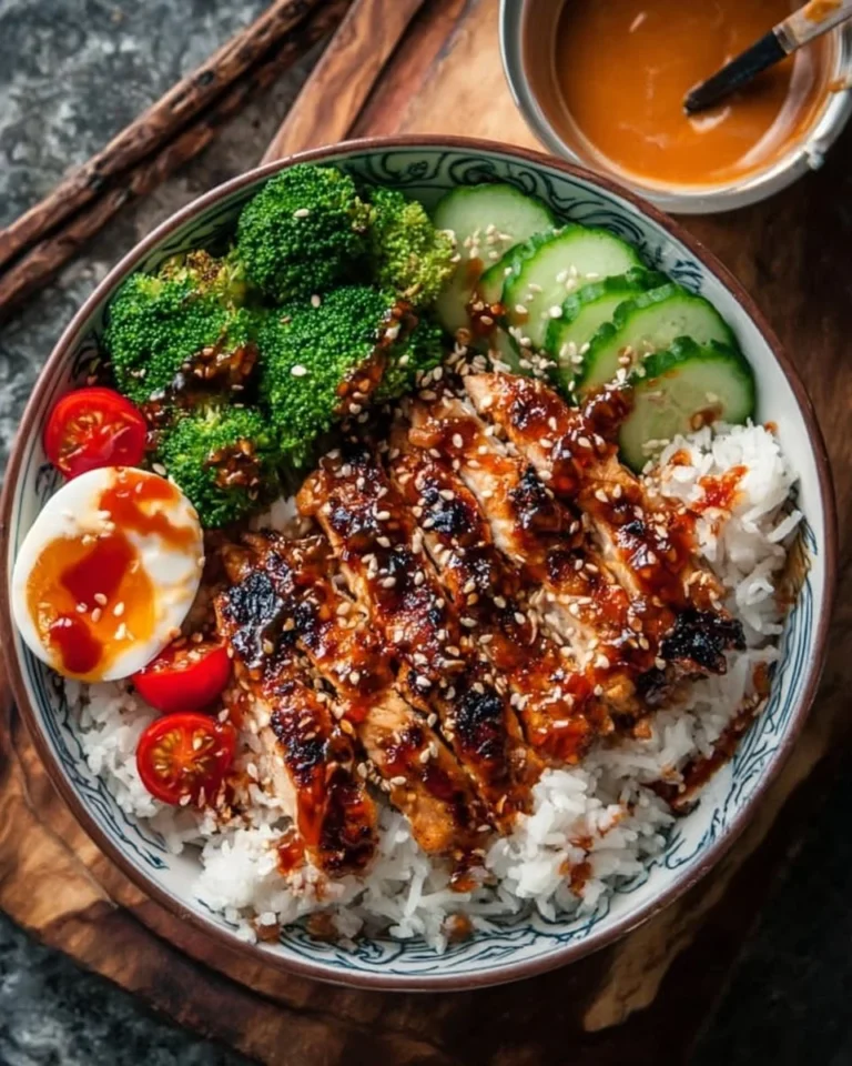 A delicious Sticky Chicken Rice Bowl garnished with herbs and vegetables.