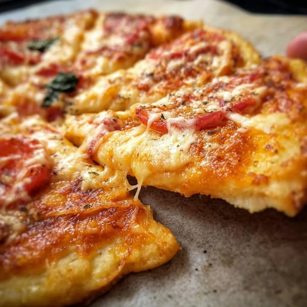 A delicious slice of stretchy gluten free pizza with fresh toppings.