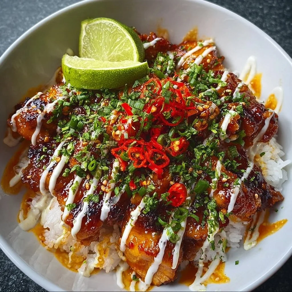 Delicious Sweet Chili Chicken Bowl with Coconut Lime Drizzle