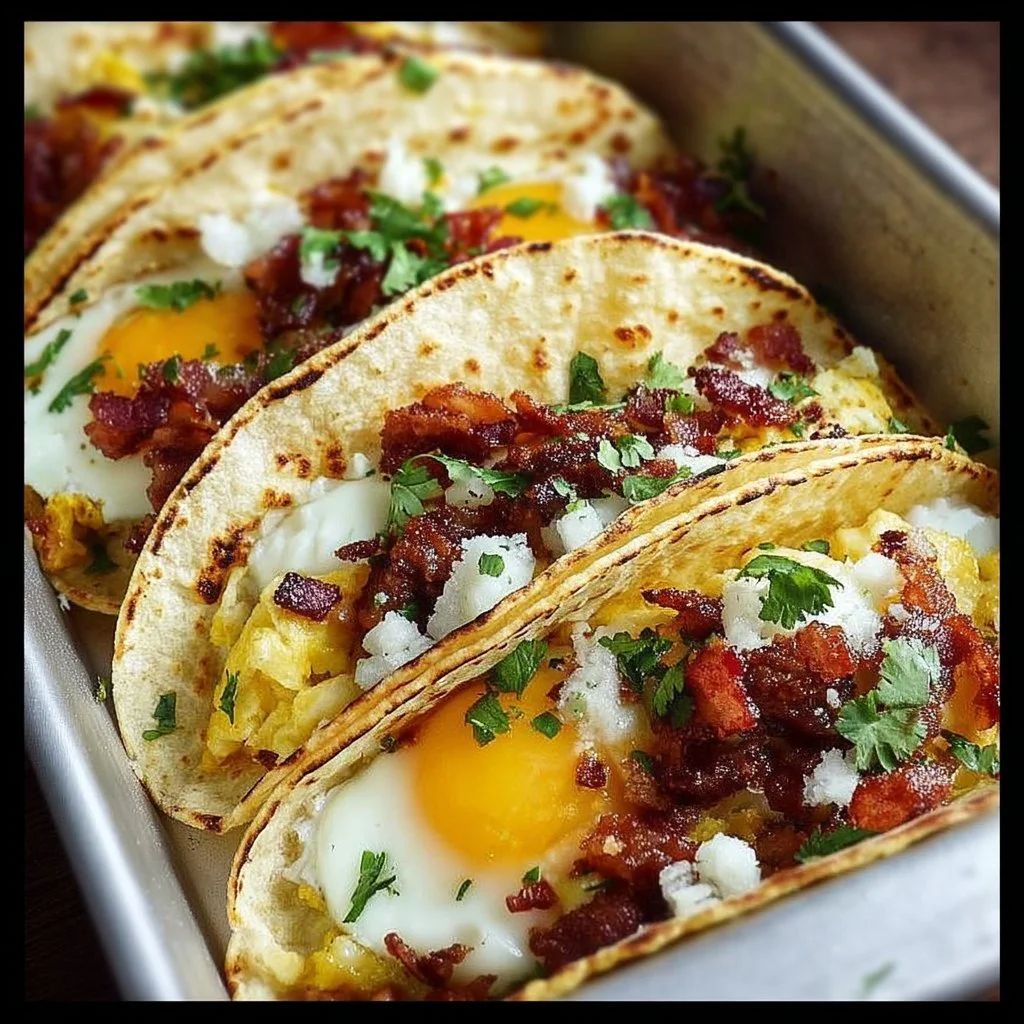 A plate of tasty baked breakfast tacos with eggs, cheese, and toppings.