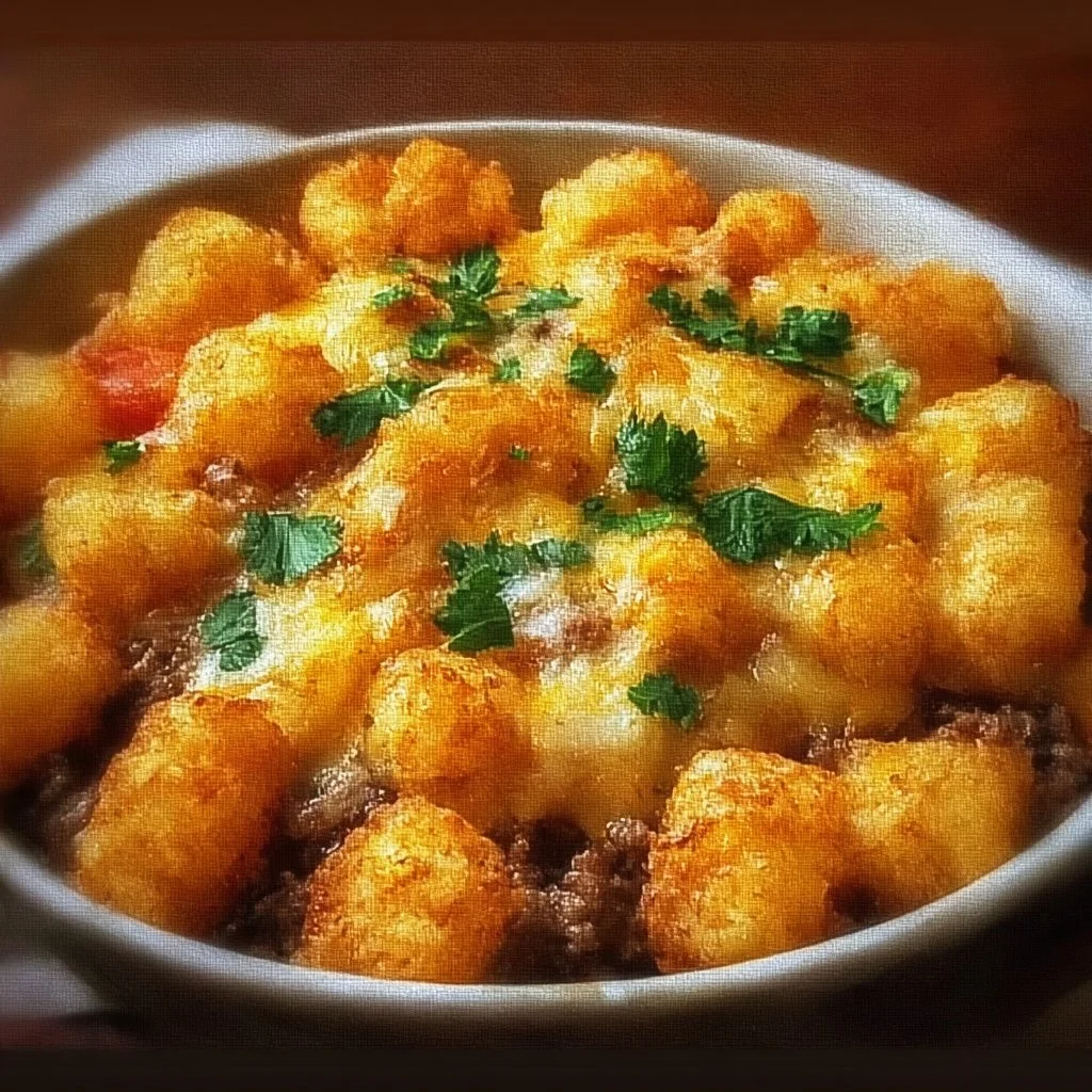 Delicious Tater Tot Casserole served with golden crispy tots