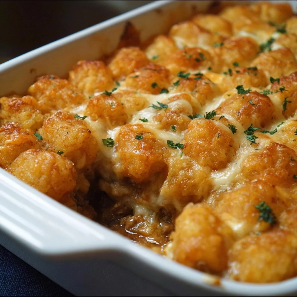 Delicious Tater Tot Casserole without condensed soup, topped with golden crispy tater tots.