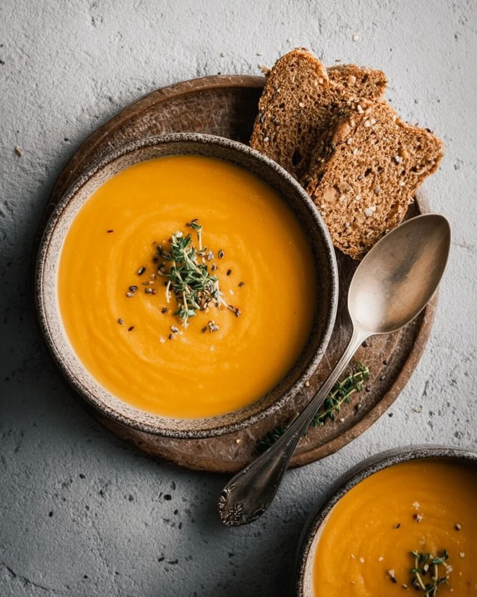 Creamy vegan carrot ginger soup served in a bowl garnished with fresh herbs