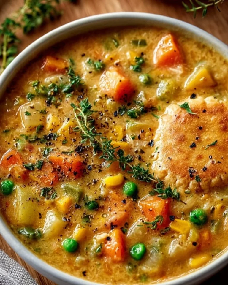 A hearty bowl of Veggie Pot Pie Soup filled with vegetables and spices.