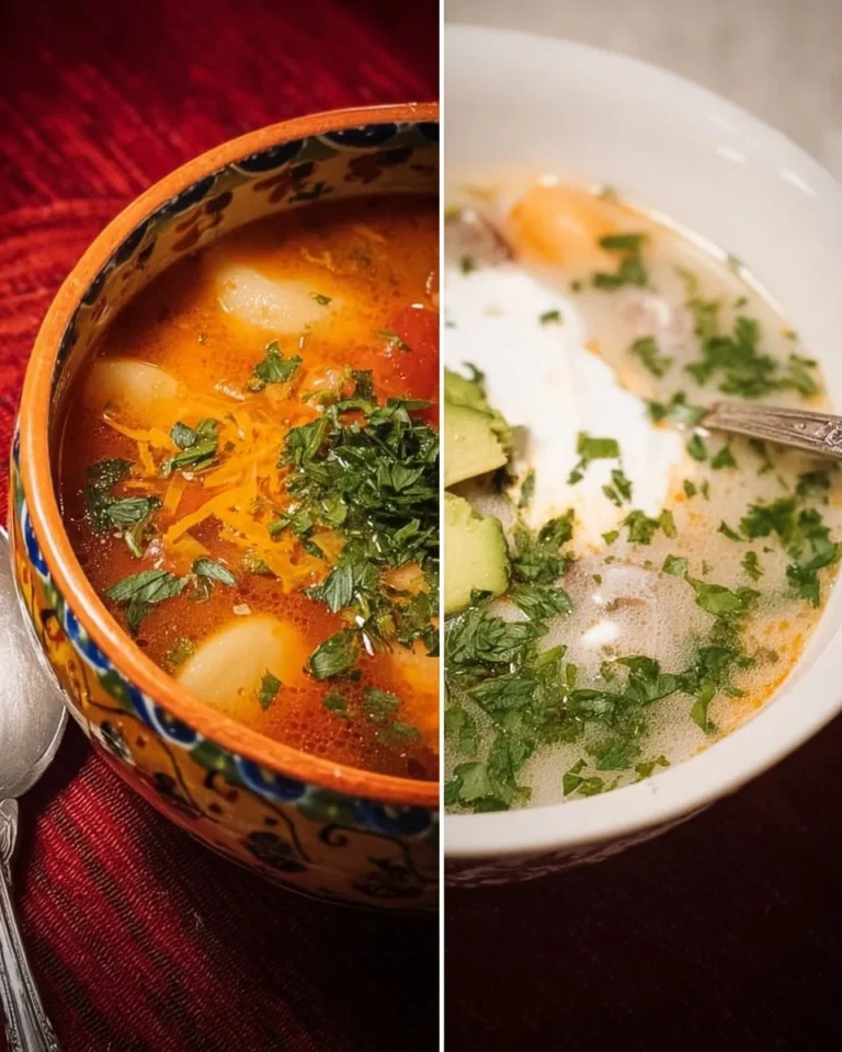 Bowl of winter comfort soup with vegetables and herbs