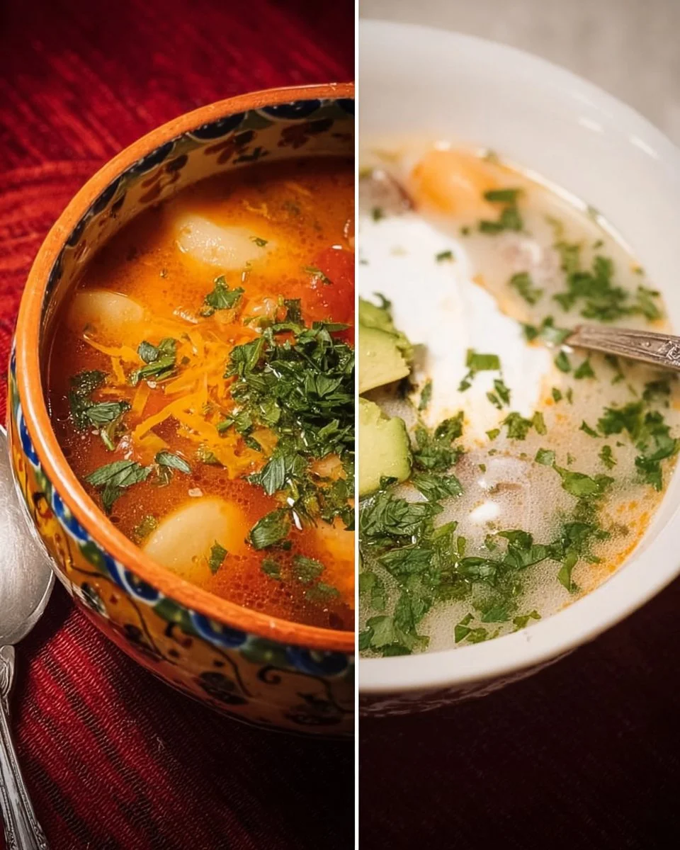 Bowl of winter comfort soup with vegetables and herbs