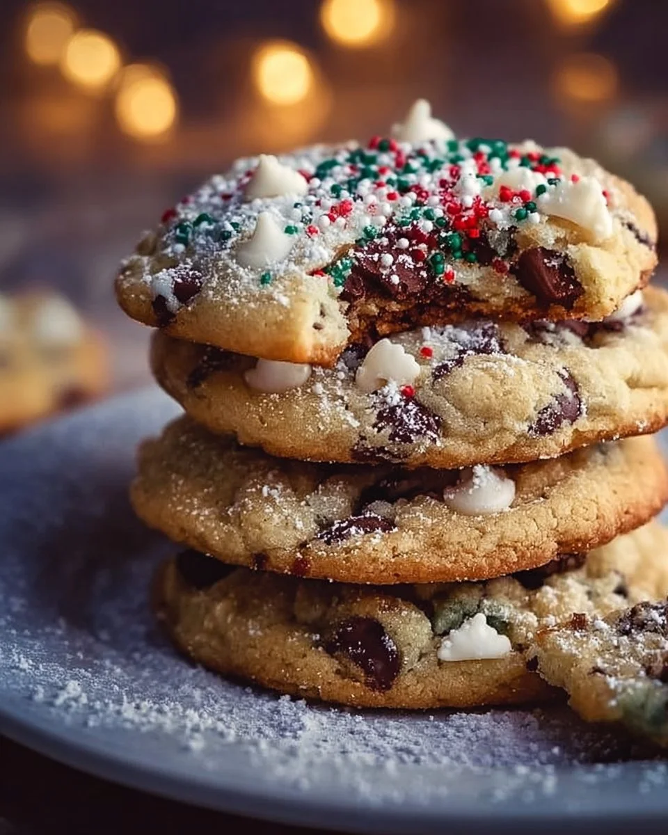 Winter Wonderland Chocolate Chip Cookies with melted chocolate and festive decorations