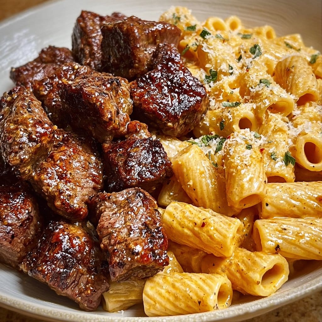 Cajun Steak Tips with Creamy Parmesan Rigatoni