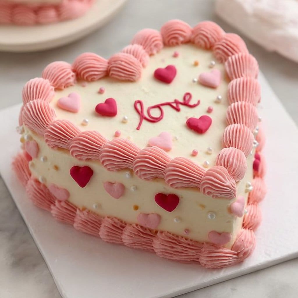 White Heart-Shape Cake with Pink Buttercream