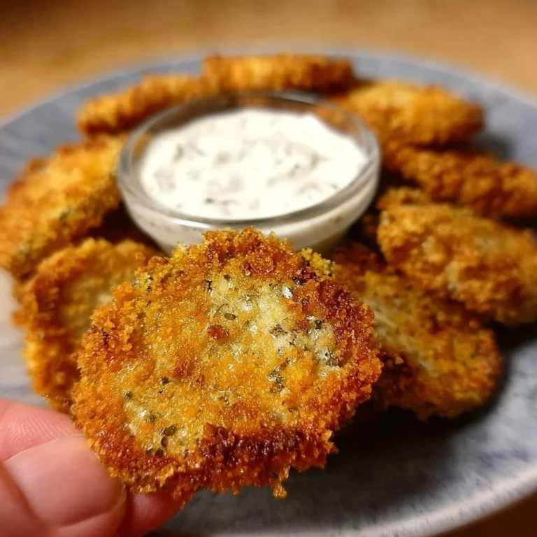 Crispy air fryer fried pickles served with a dipping sauce.