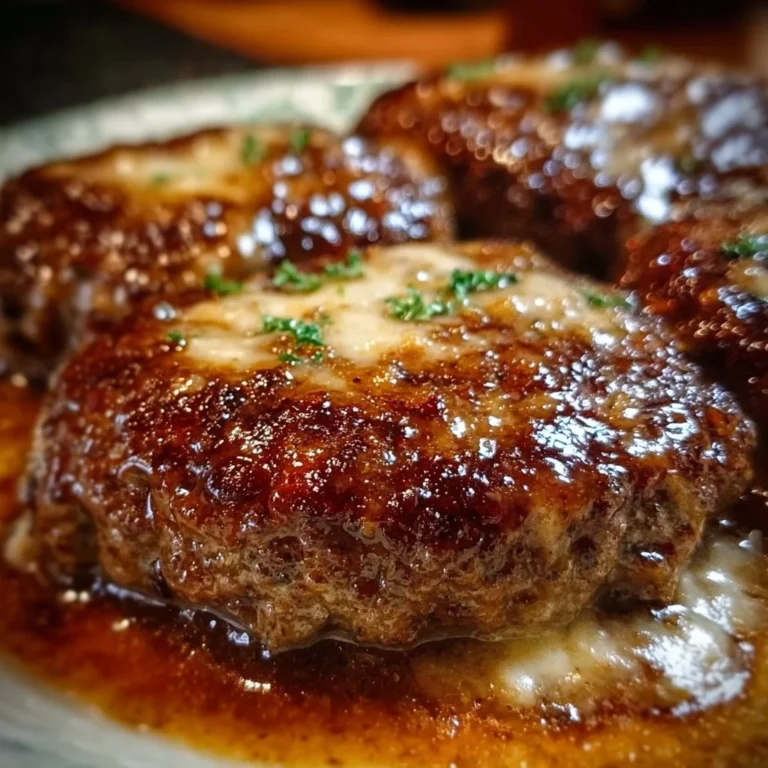 Amish Hamburger Steak Bake served with gravy and vegetables in a baking dish.