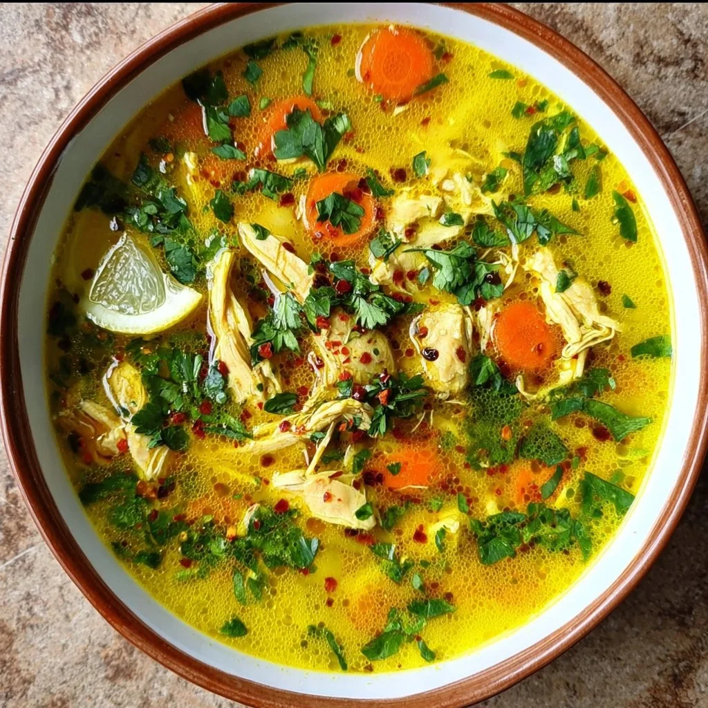 Bowl of anti-inflammatory turmeric chicken soup with spices and herbs