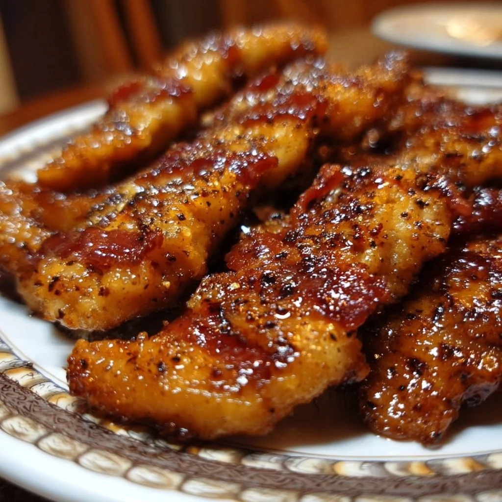 Crispy Bacon Brown Sugar Chicken Tenders served on a plate