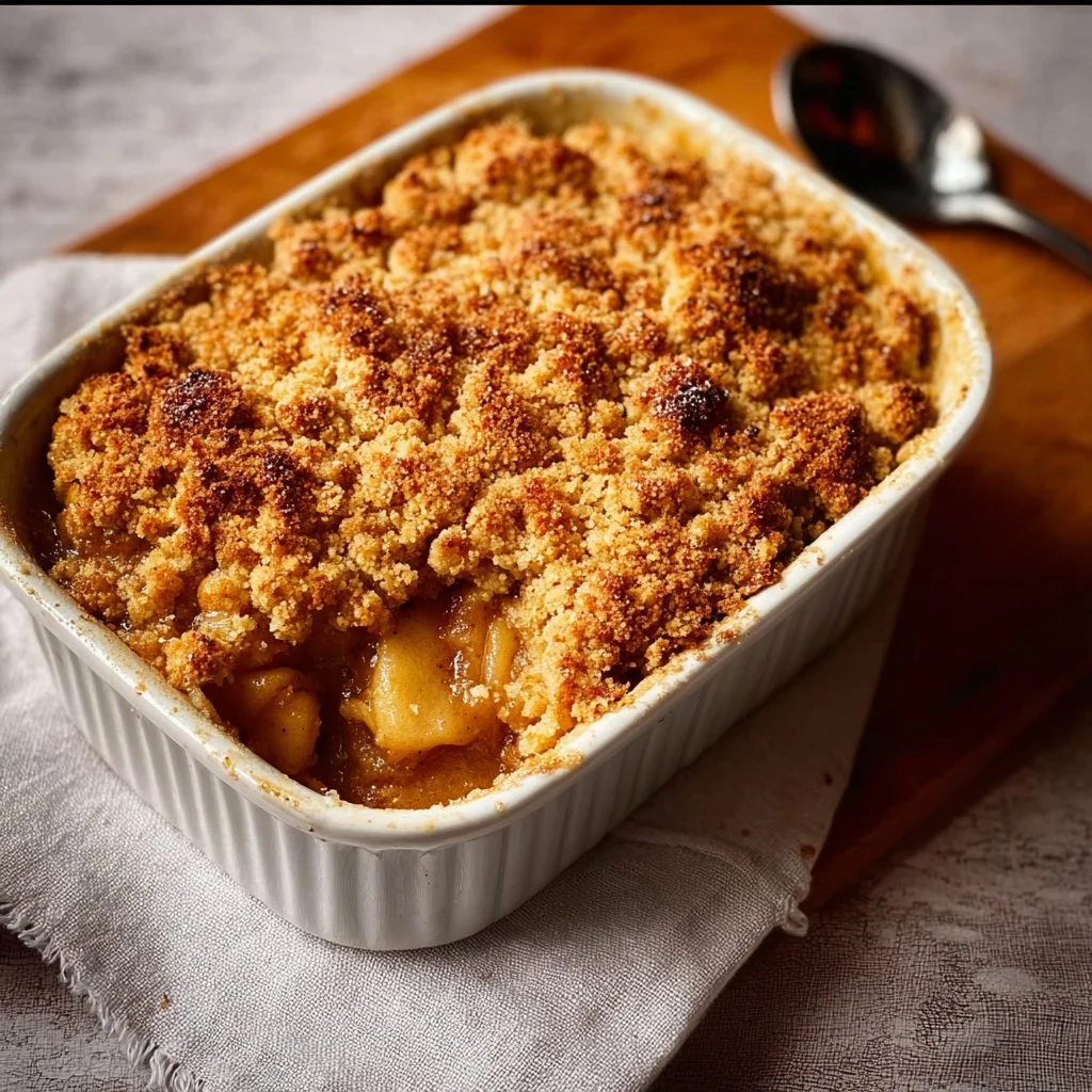 Delicious baked apple crumble with golden topping and fresh apples