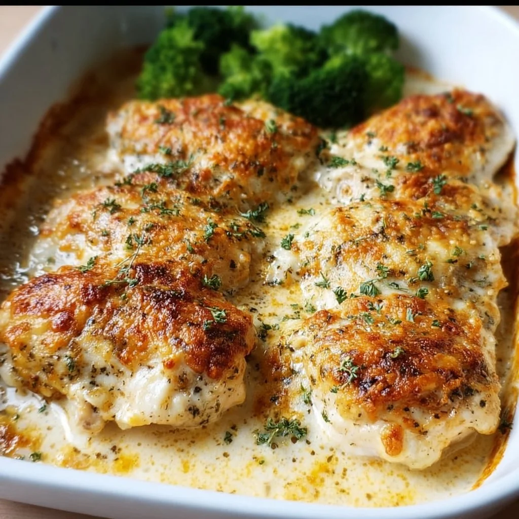 Baked Cream Cheese Chicken garnished with herbs on a plate.