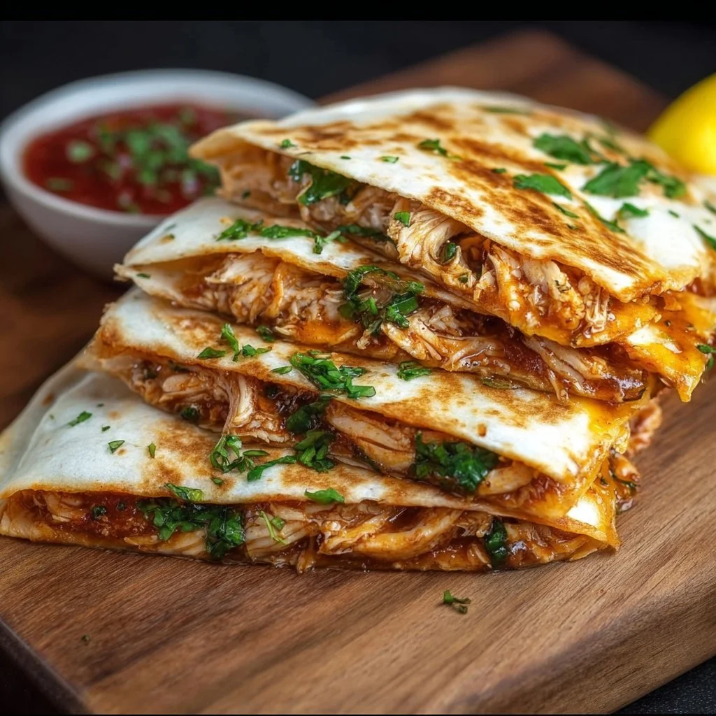 Delicious BBQ Chicken Quesadillas served with dipping sauce
