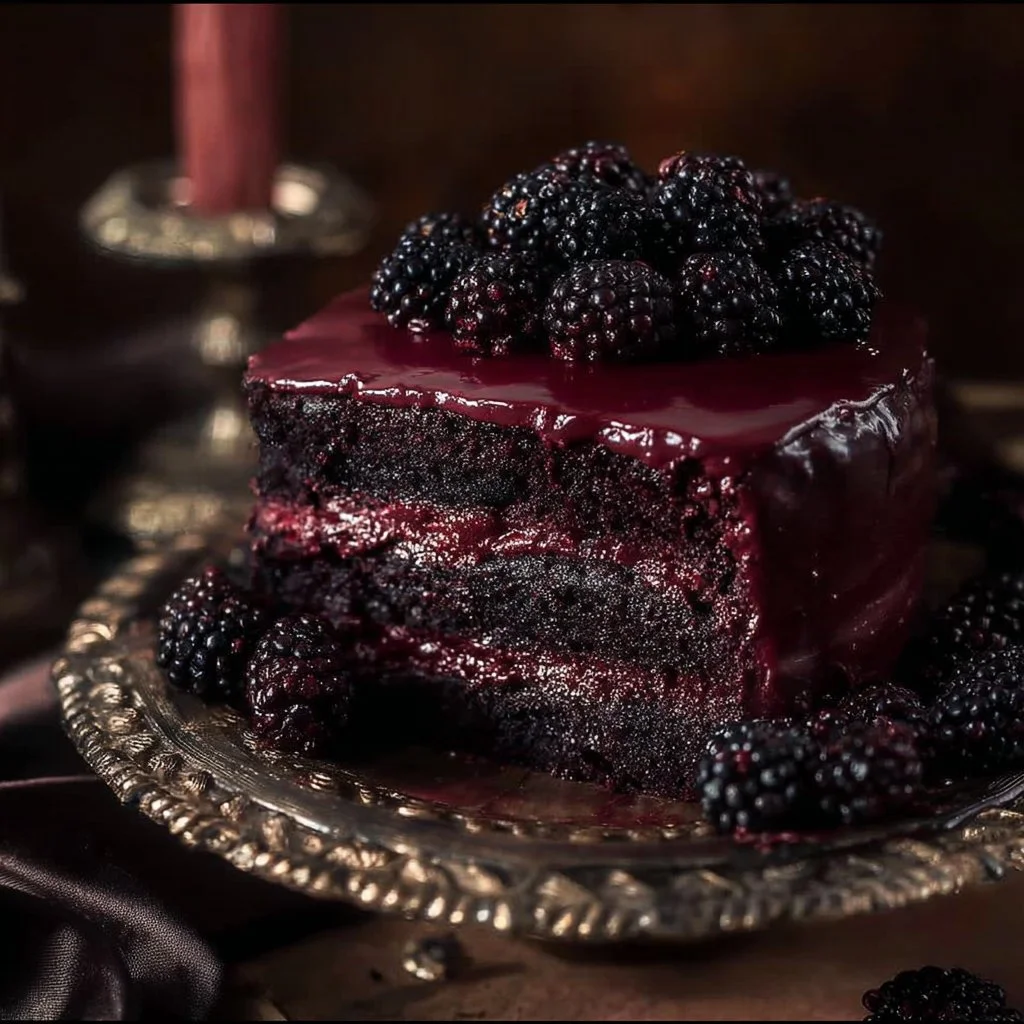 Blackberry Velvet Gothic Cake with dark frosting and vibrant blackberry decoration