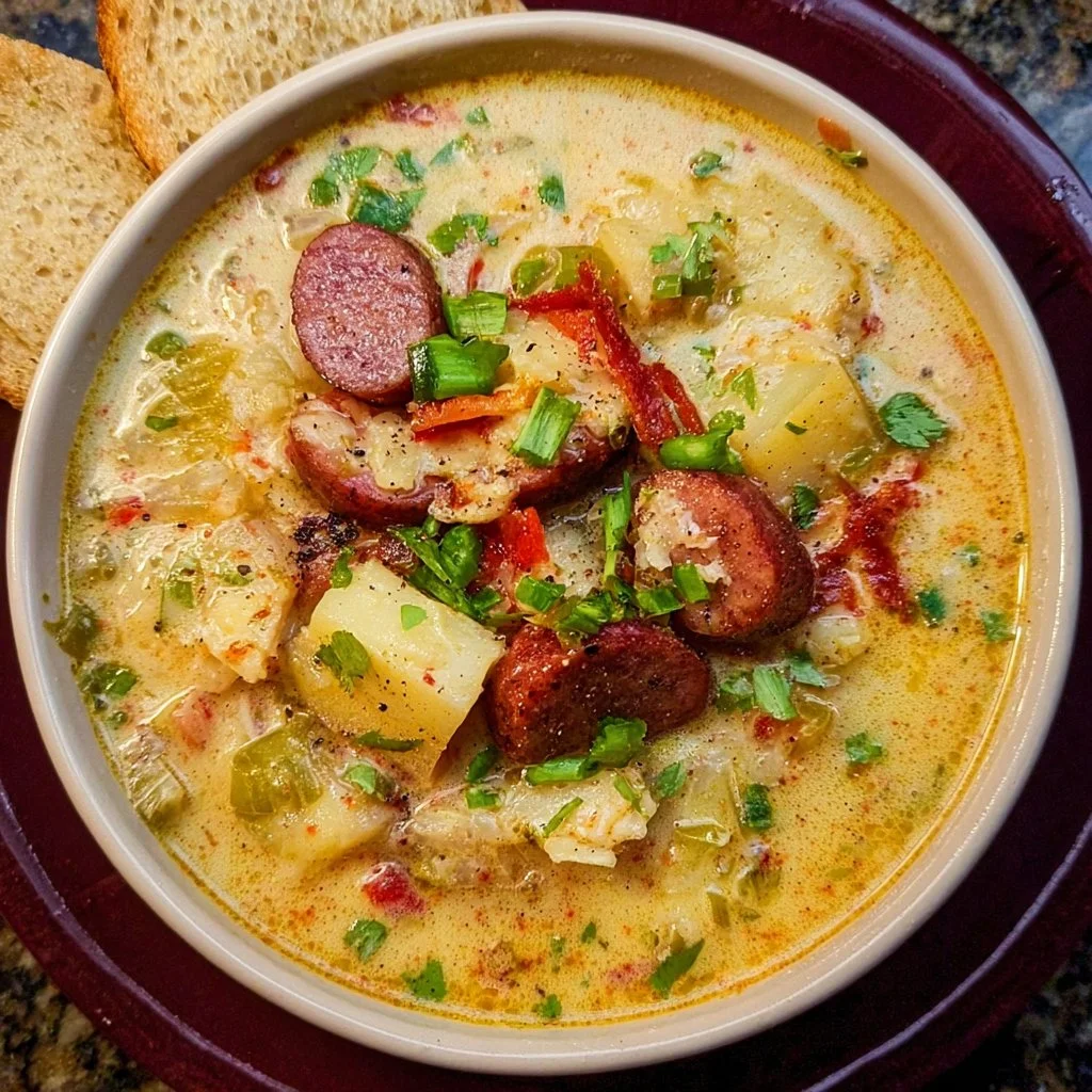 Bowl of flavorful Cajun Potato Soup topped with green onions and spices