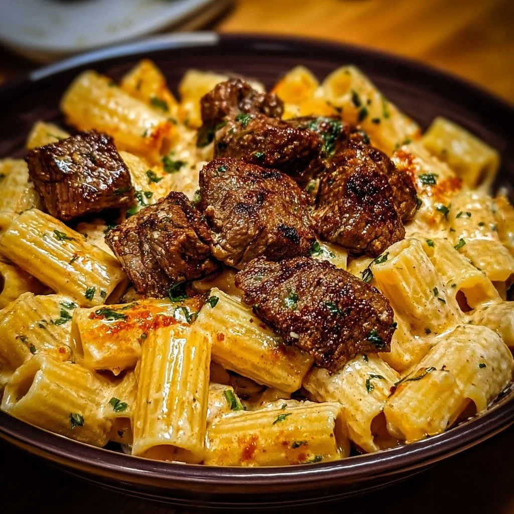 Cajun Steak Tips served with creamy Parmesan Rigatoni in a bowl.