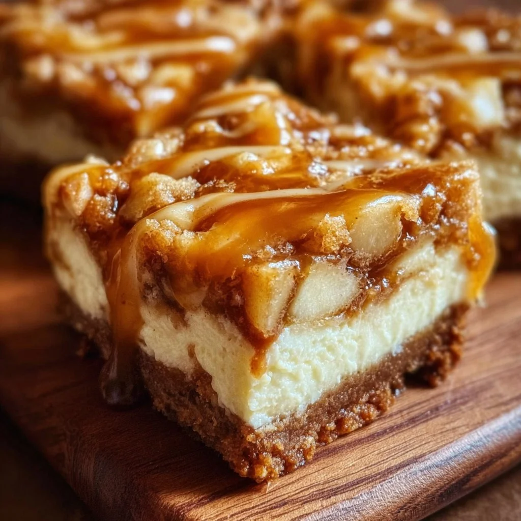 Caramel apple cheesecake bars topped with drizzled caramel and apple slices