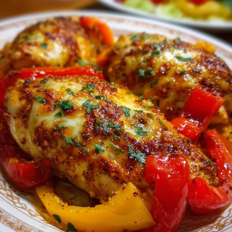 Cheesy baked chicken breast with colorful peppers on a plate