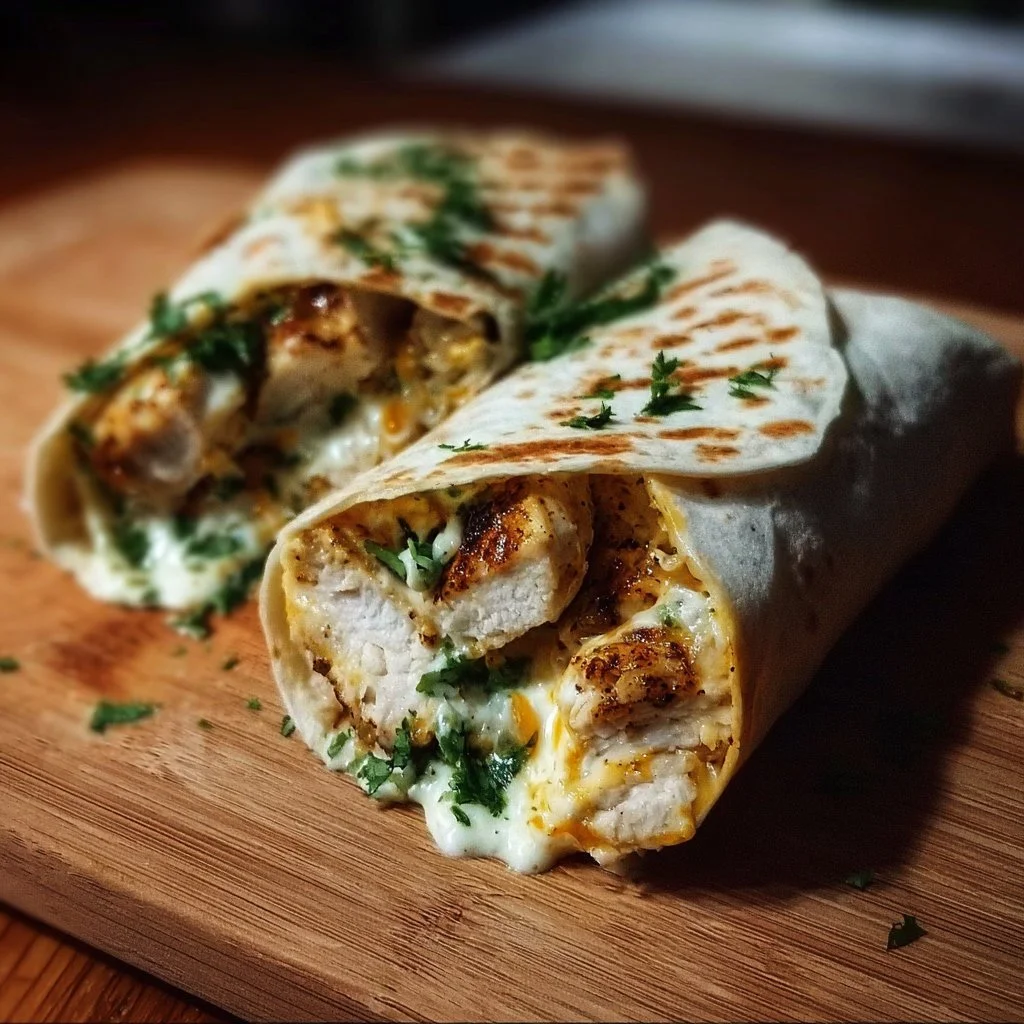 Cheesy garlic chicken wraps on a plate, garnished with fresh herbs.