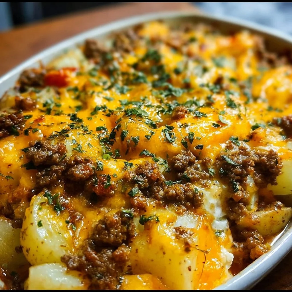 Cheesy Ground Beef and Potato Casserole dish garnished and served hot