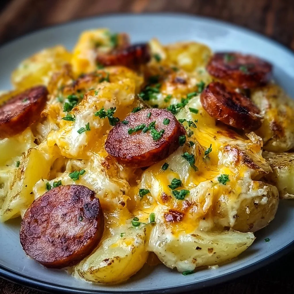 Delicious cheesy ranch potatoes with smoked sausage served in a bowl