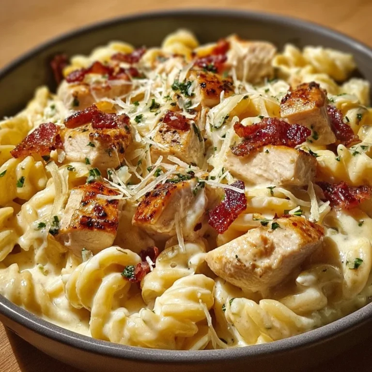 Delicious Chicken Bacon Ranch Pasta served with bacon and creamy sauce