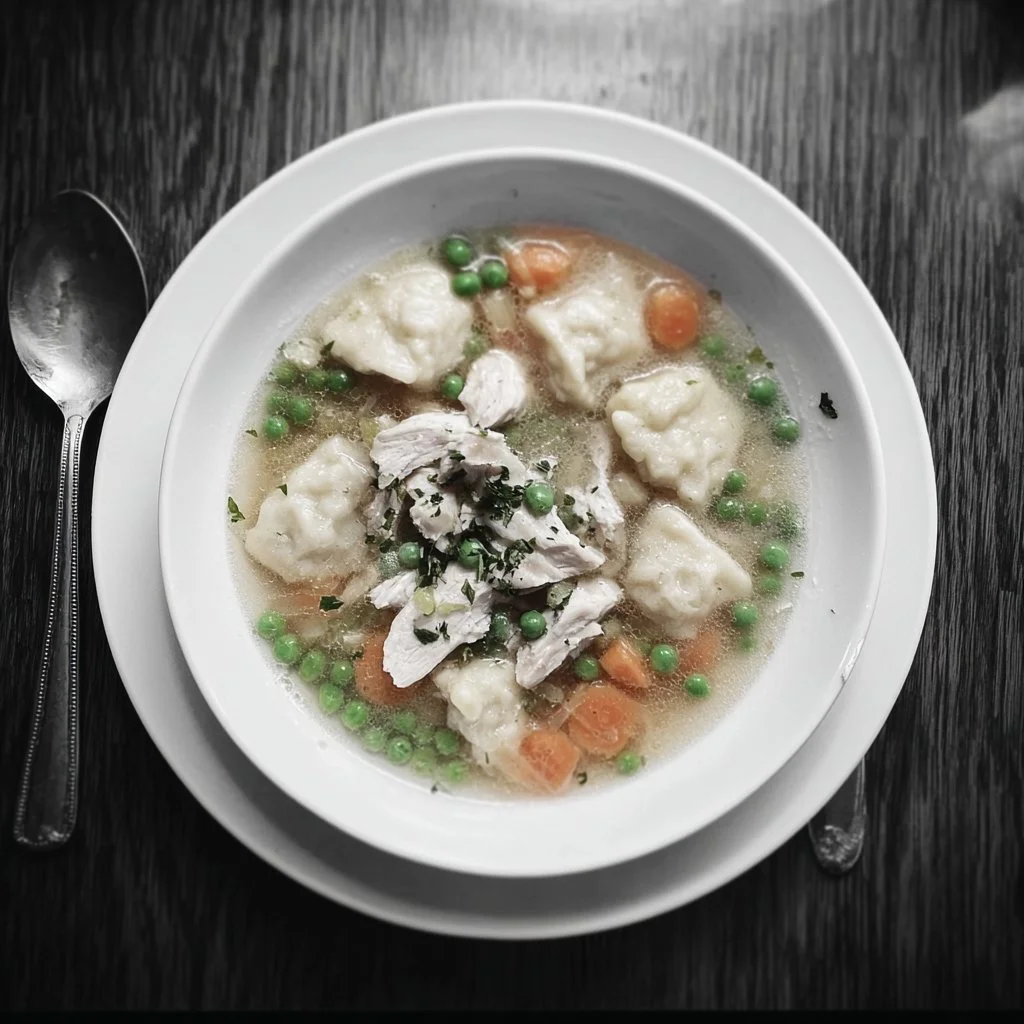 Bowl of homemade Chicken Dumpling Soup with fresh herbs and dumplings