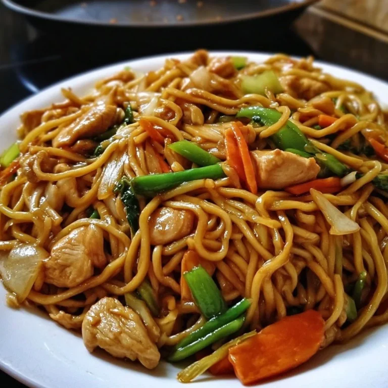 Plate of Chicken Lo Mein with vegetables and noodles