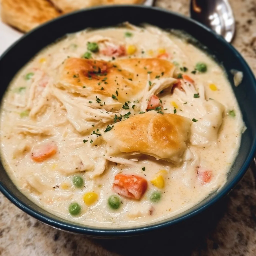 Creamy chicken pot pie soup garnished with herbs in a bowl