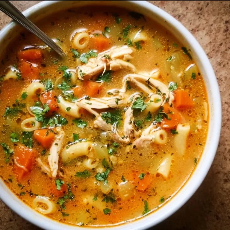 Bowl of homemade chicken soup with vegetables and herbs
