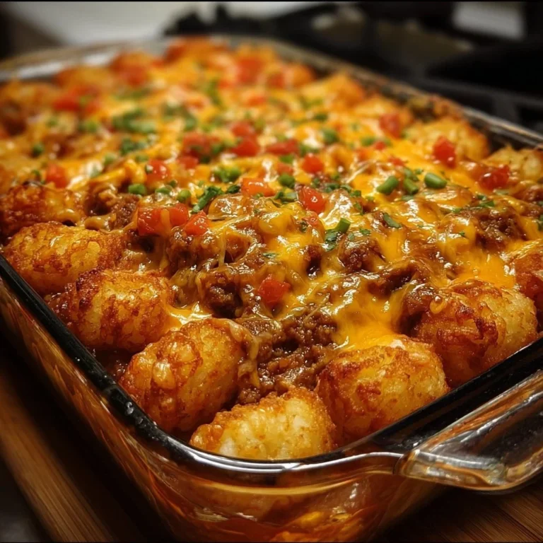 Chili Cheese Tater Tot Casserole served in a casserole dish with toppings